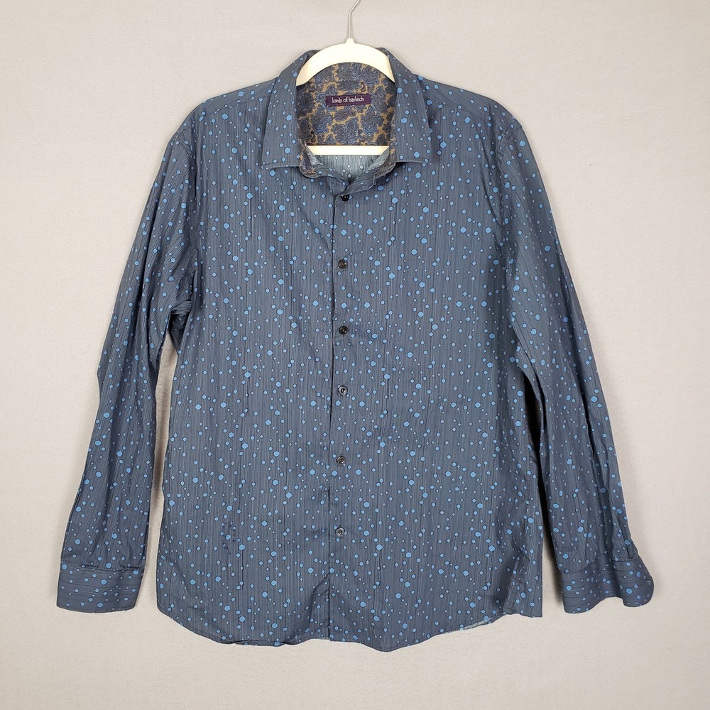 Lords Of Harlech Tailored Fit Long Sleeve Button‎ Up Blue Polka Dot Stripe Retro